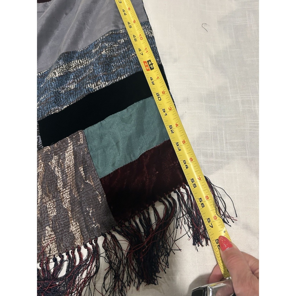 Vintage 90s Burnout Velvet & Silk Patchwork Scarf Fringed 57"x10" Boho Luxury - Picture 7 of 13